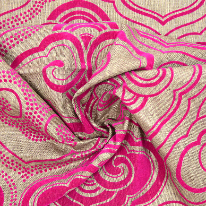 Toile en lin et viscose floquée ornement fuchsia