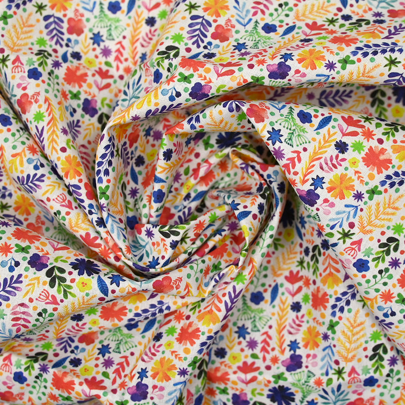 Coton imprimé fougères multicolore fond blanc