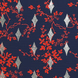 Microfibre imprimée polyester fleurs rouges et losanges argent fond marine