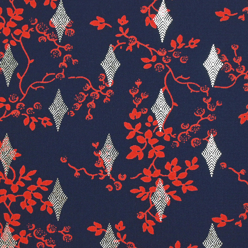 Print microfiber Polyester Red flowers and silver diamonds.