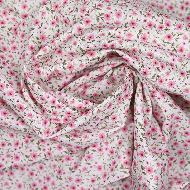 Coton imprimé champêtre rose fond blanc