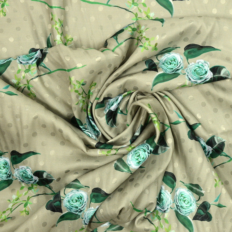 Satin imprimé et pois polyester roses fond gris vert
