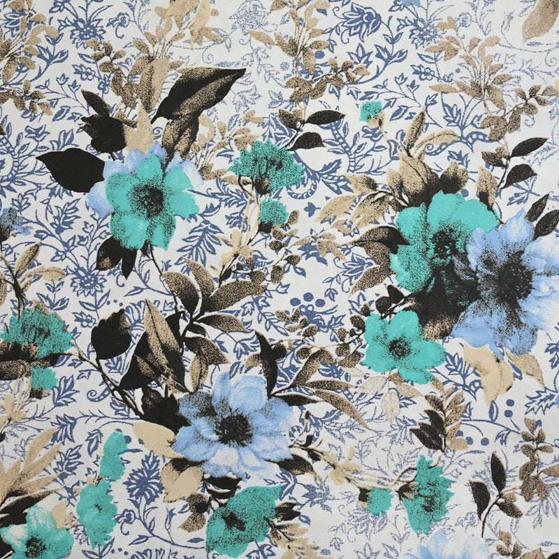 Coton imprimé élasthanne fleurs bleu et vert d'eau fond blanc