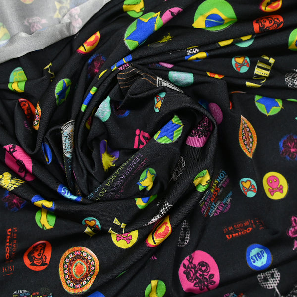 Jersey de viscose imprimé happiness fond noir