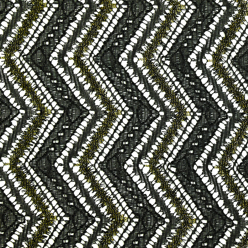 Dentelle polyester chevrons lurex doré fond noir