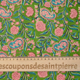Coton indien imprimé Shiva rose et bleu turquoise fond vert pomme