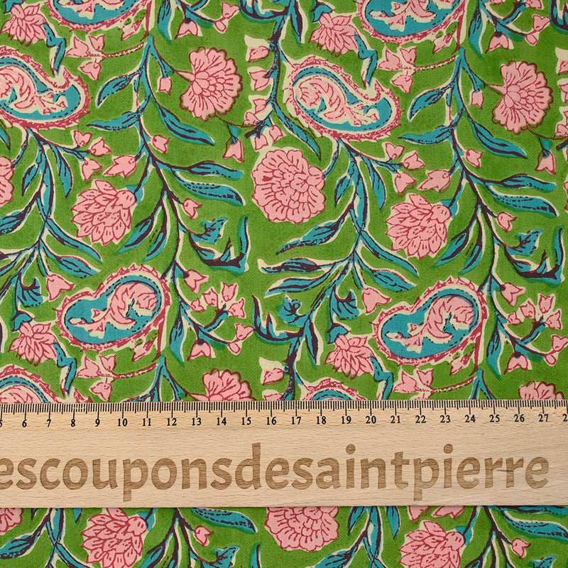 Coton indien imprimé Shiva rose et bleu turquoise fond vert pomme