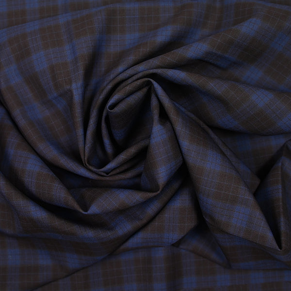 Tissu tailleur en laine mérinos à carreaux marron et bleu