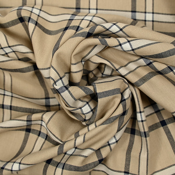 Twill de viscose tissé teint carreaux marine fond beige