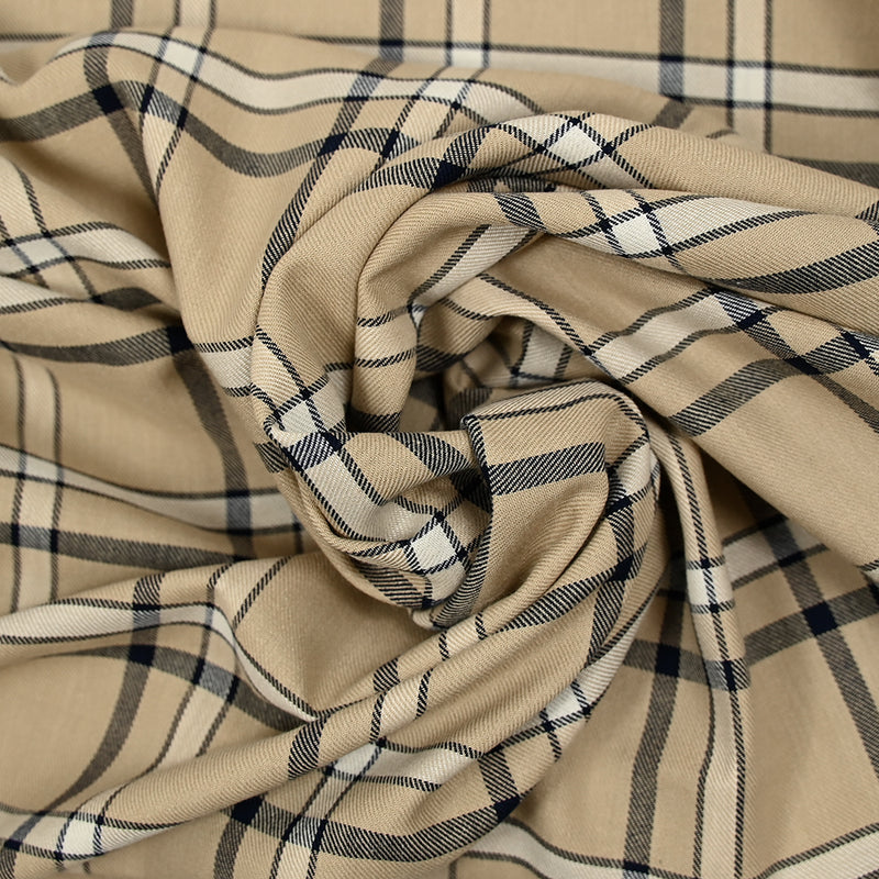 Twill de viscose tissé teint carreaux marine fond beige
