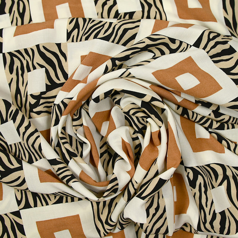 Viscose imprimée tigre et carré marron et beige