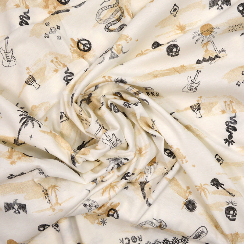 Jersey de coton imprimé peace, serpent et palmier fond blanc cassé