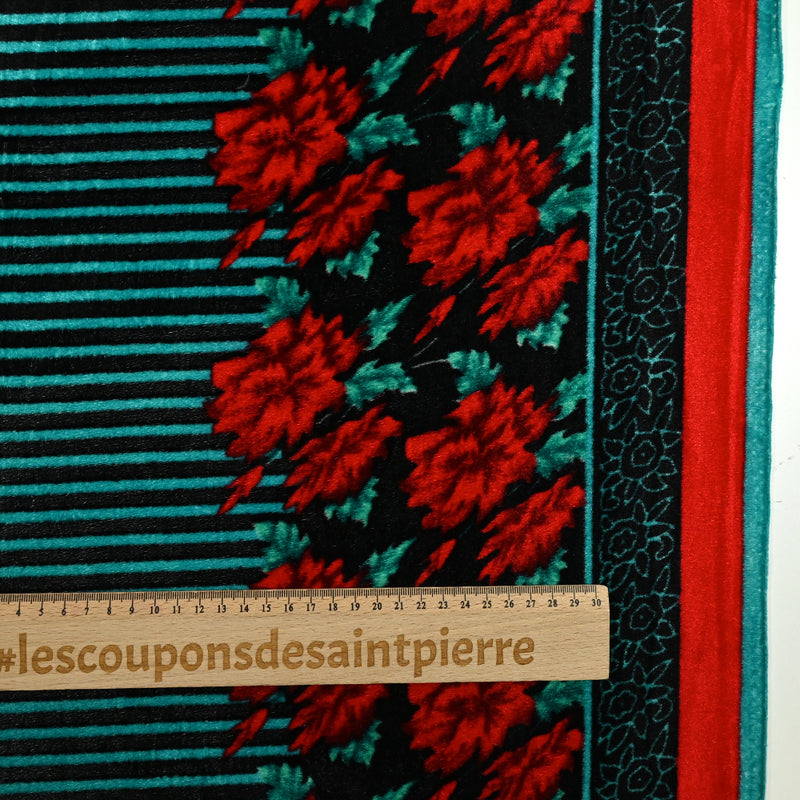 Velours maille polyester rayures et fleurs fond turquoise