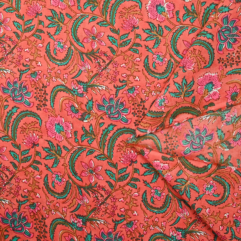 Indian Cotton Print Indore Green And Rose Corail Background