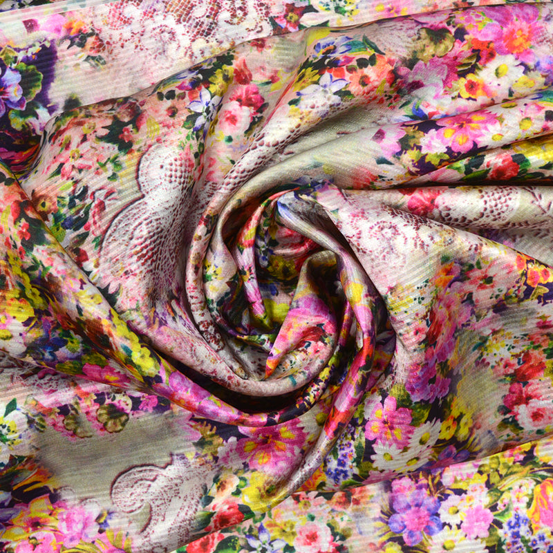 Satin imprimé avec rayures satin polyester fleurs multicolore