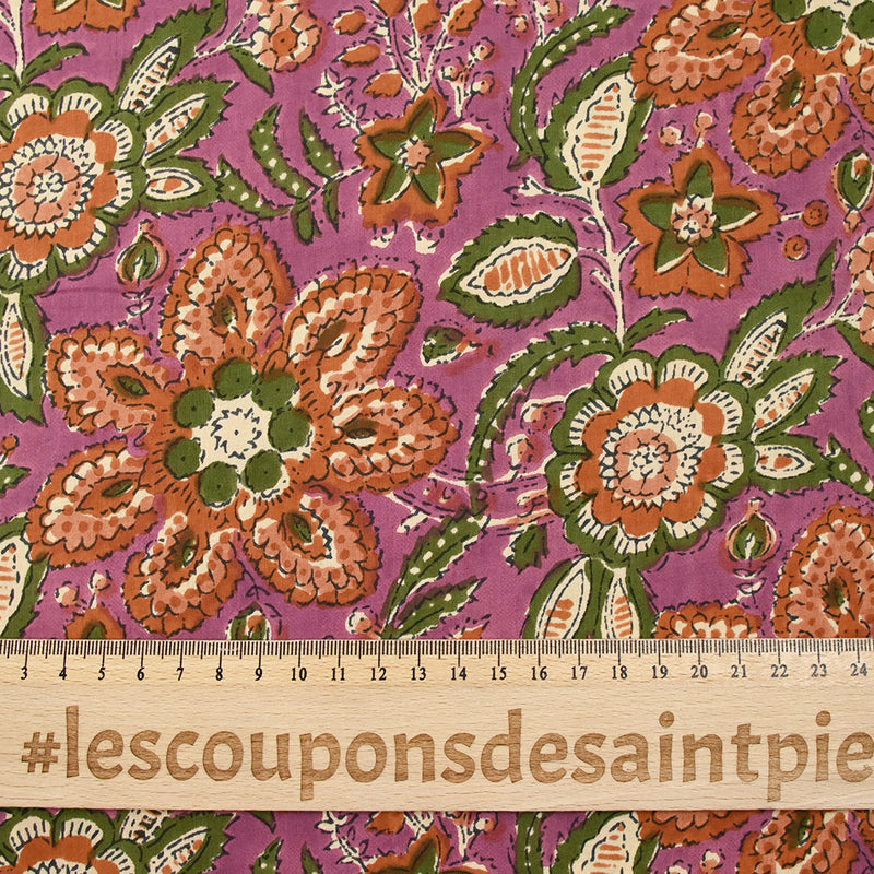 Indian cotton printed delhi brown and green purple background