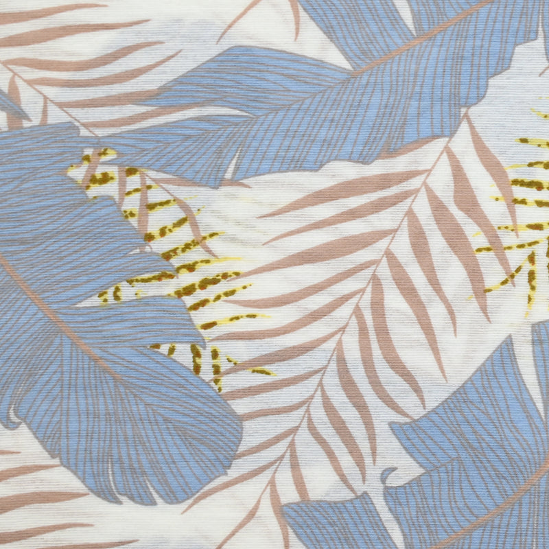 Light printed viscose Light sheets and blue feathers white background