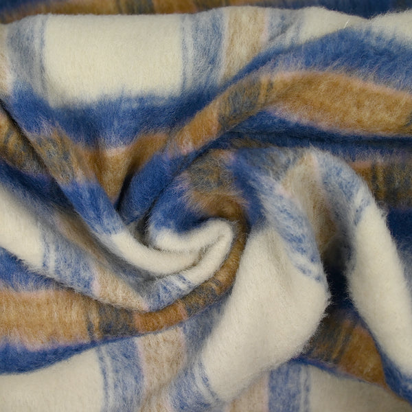 Laine mélangée brossée à carreaux bleu, camel et écru