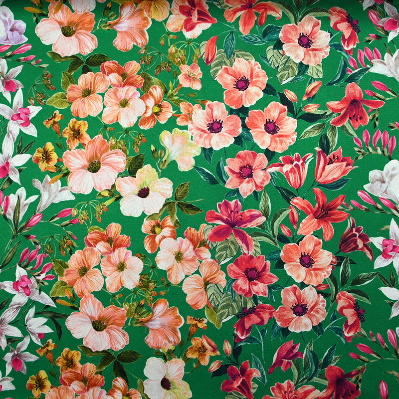 Polyester Crêpe Print Liane Print Of Flowers Green Mint Fond