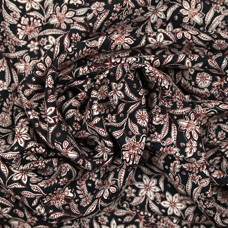 Twill de viscose imprimé floral baroque marron fond noir