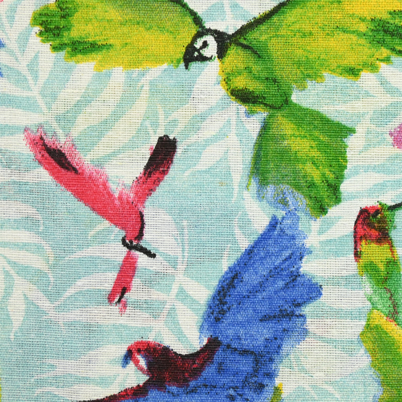 Polycoton printed parrots and flamingos blue background