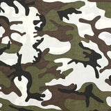 Coton imprimé élasthanne militaire kaki et marron fond blanc