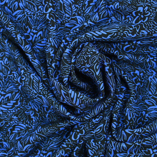 Twill de viscose imprimé feuillage bleu fond noir
