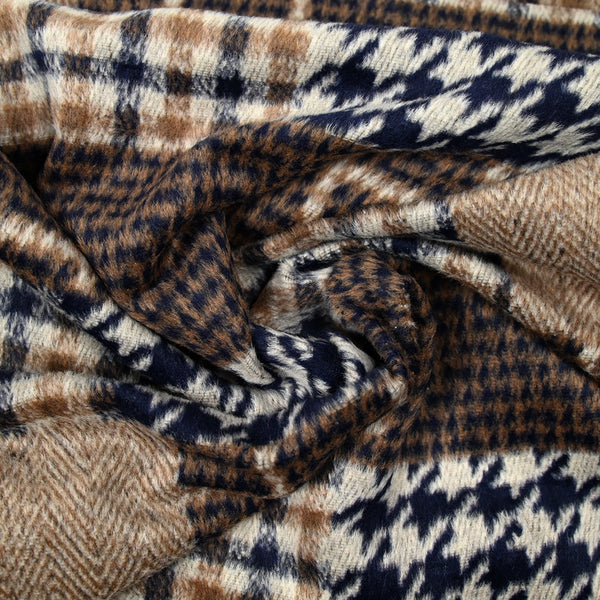 Laine mélangée patchwork pied-de-poule et carreaux camel et marine