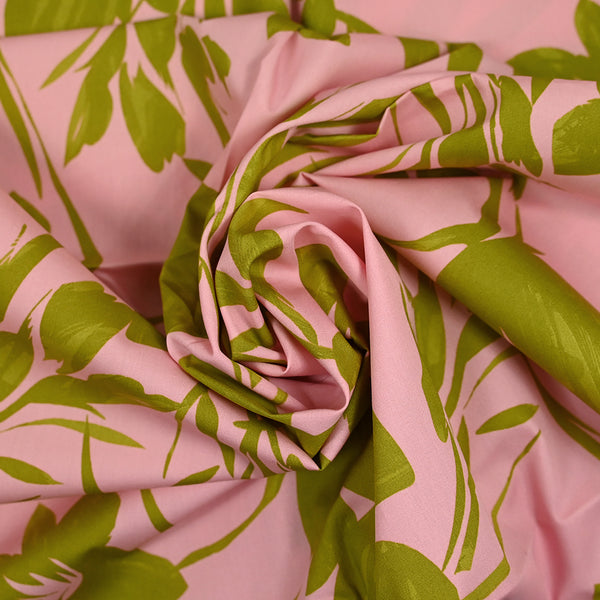 Coton satiné imprimé plantation rose et vert