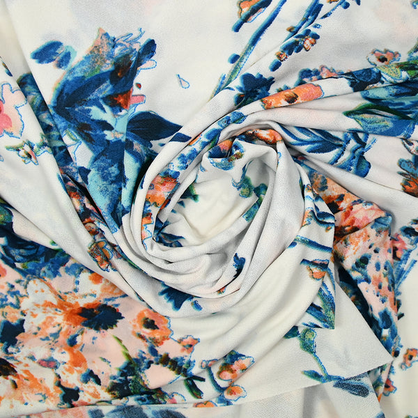 Jersey de polyester imprimé joli joli fleurs bleu et rose