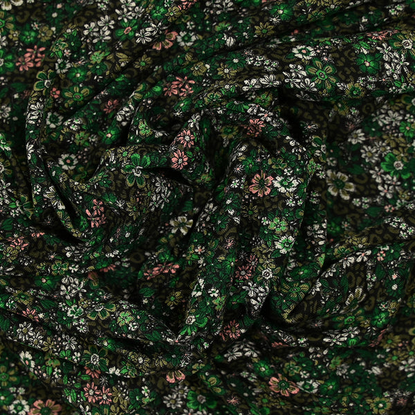 Jersey de coton imprimé rêverie vert et rose fond noir