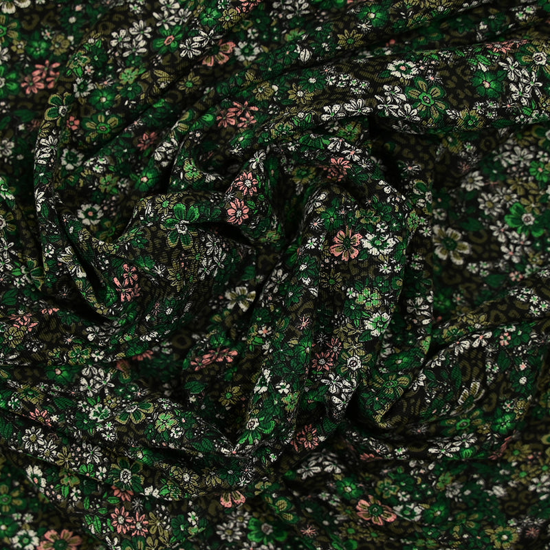 Jersey de coton imprimé rêverie vert et rose fond noir