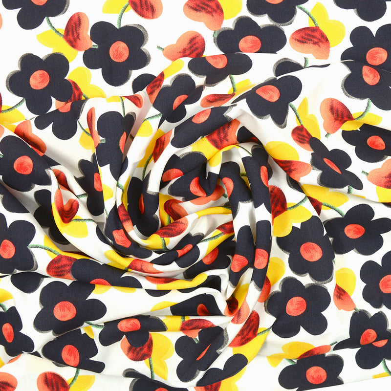 Viscose imprimée fleurs enfantines marine fond blanc