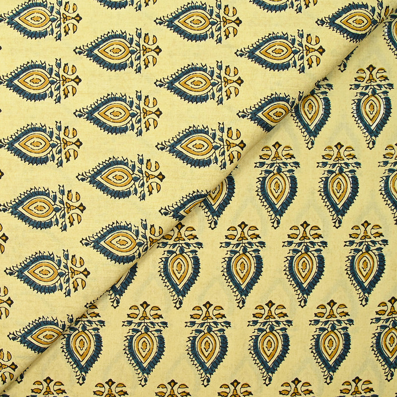 Coton indien imprimé Chennai bleu et ocre fond beige