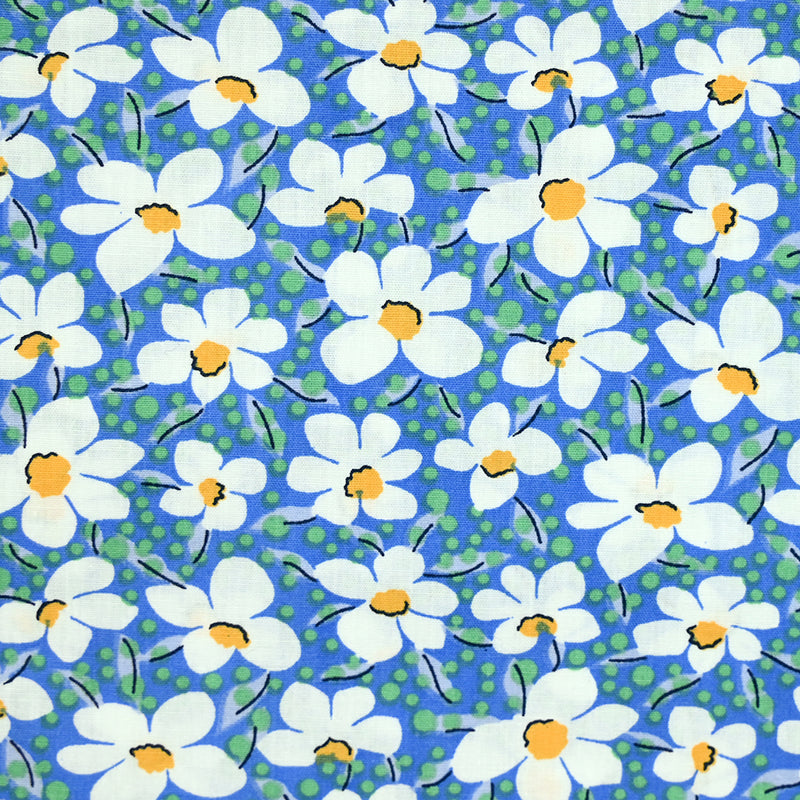 Popeline de coton imprimée pois vert et fleurs jaune fond bleu