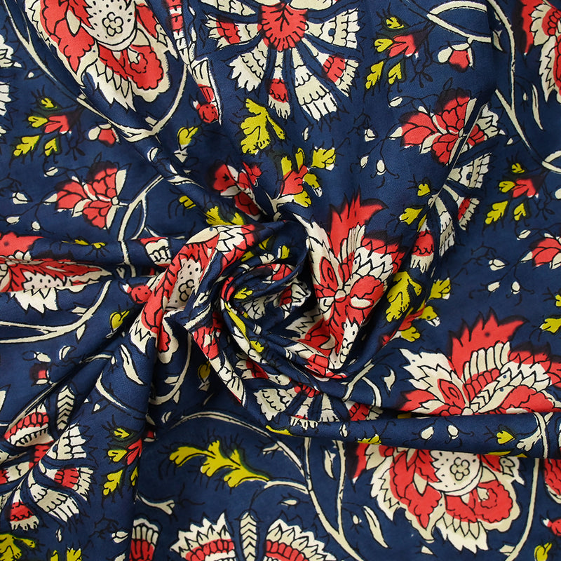 Coton indien imprimé Bengaluru rouge et écru fond bleu marine