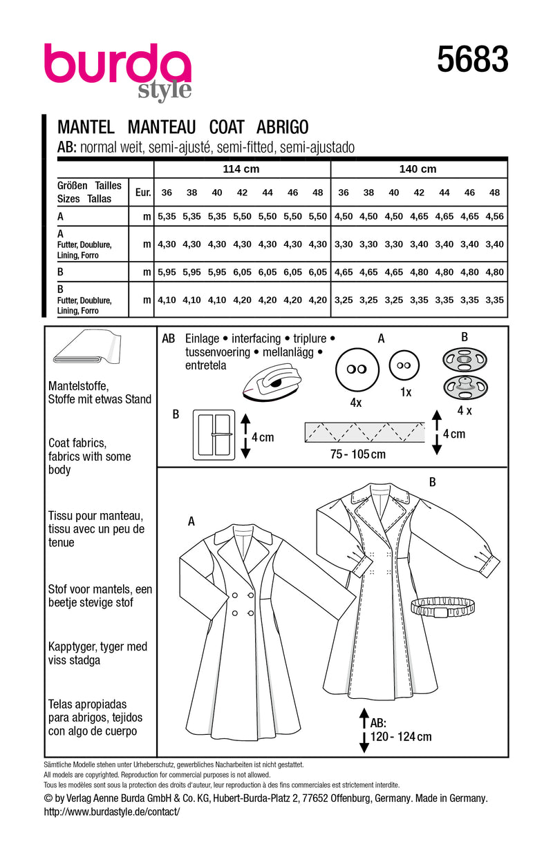 Patron Burda n°5683 : Manteau