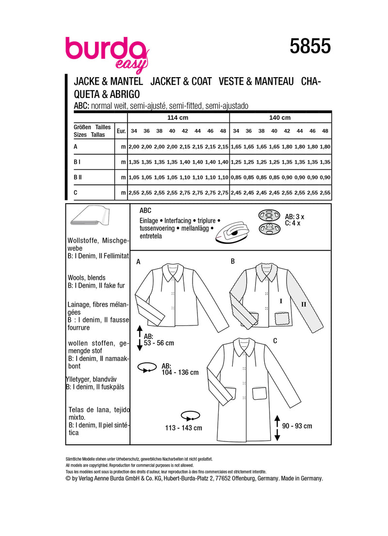 Patron Burda n°5855 : Veste & Manteau