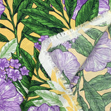 Light printed viscose purple flowers and yellow background foliage