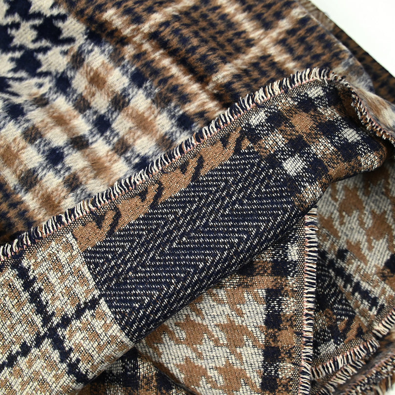 Laine mélangée patchwork pied-de-poule et carreaux camel et marine