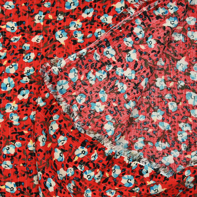 CrePon viscose Lurex Blue and white flowers red background