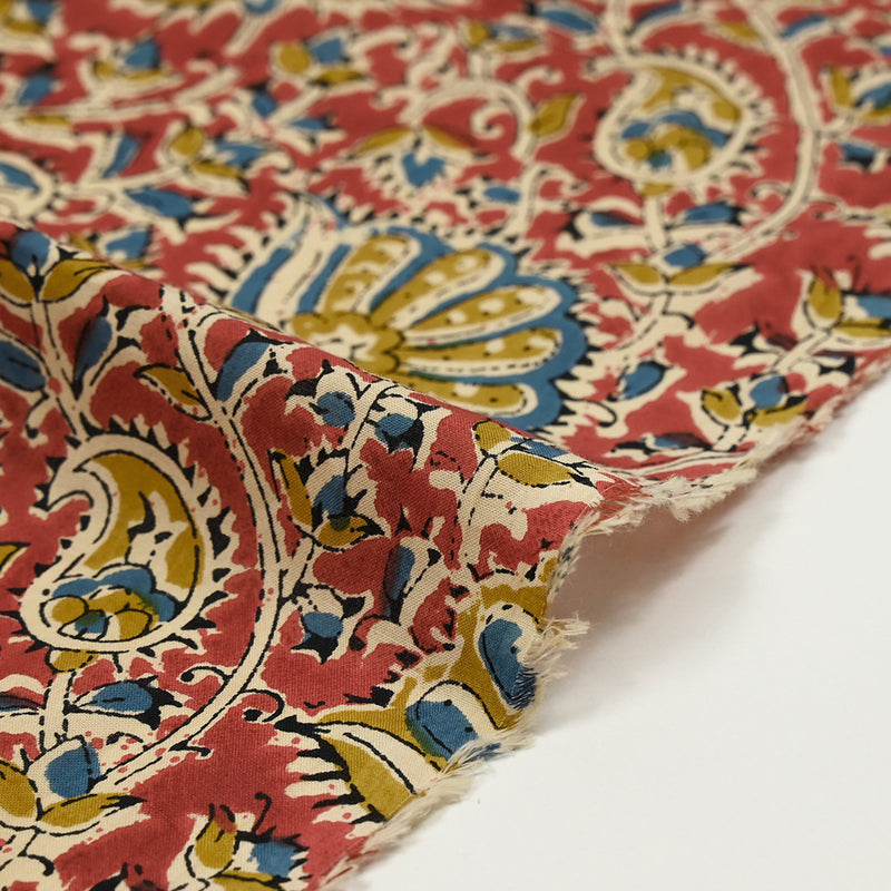 Coton indien imprimé Uma bleu barbeau et jaune fond tomette