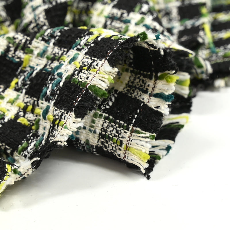 Tweed polycoton à carreaux noir, vert, jaune et bleu canard