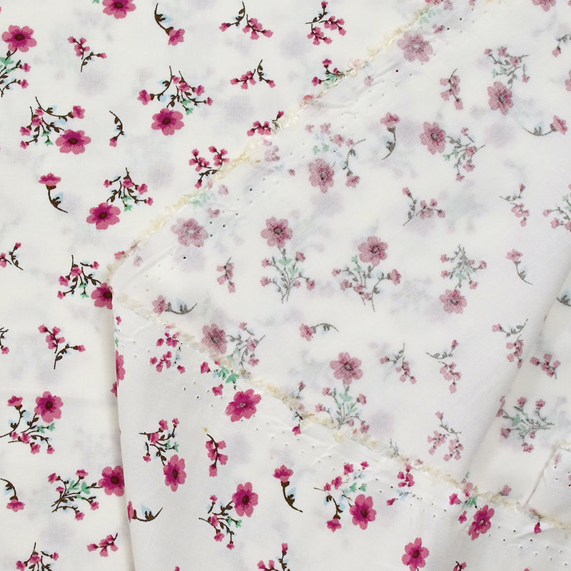 Printed viscose pink flowers white background