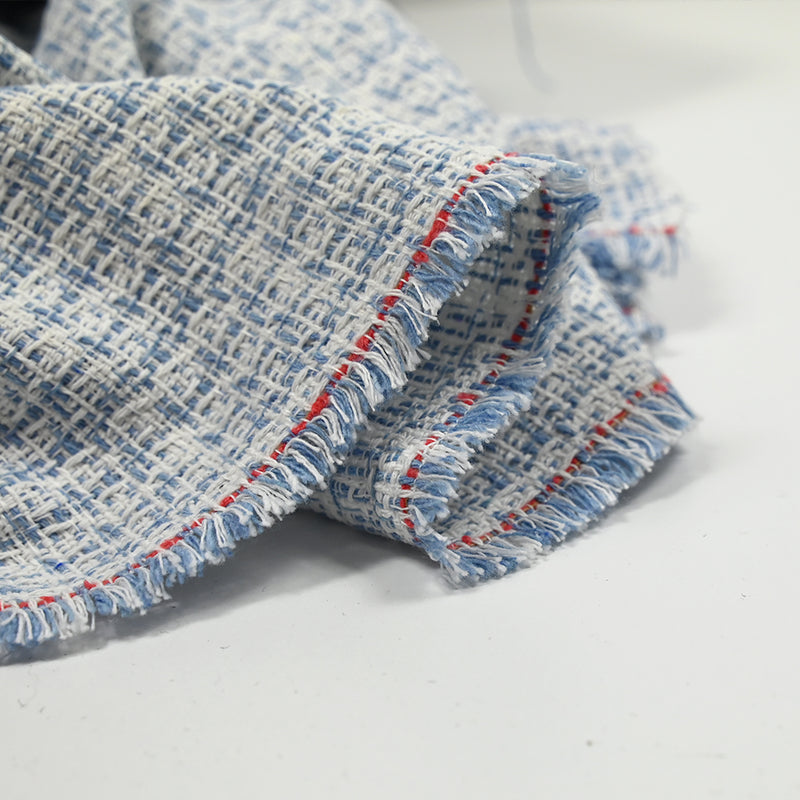 Tweed polycoton blanc cassé et bleu clair