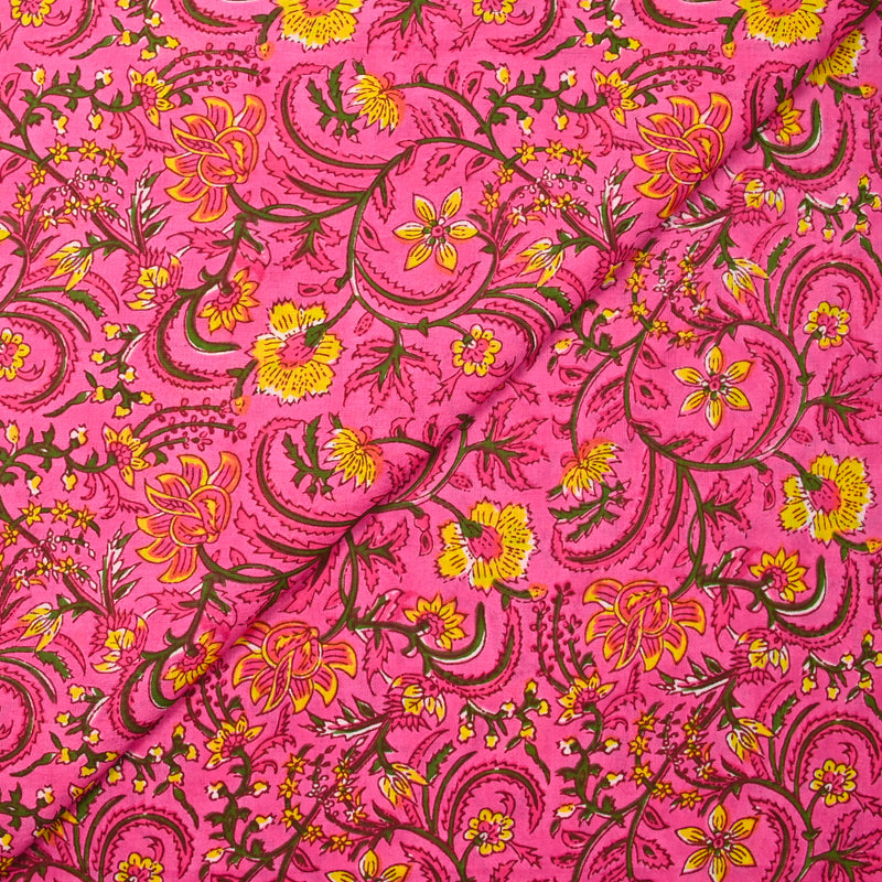 Indian cotton printed kali green and yellow pink background