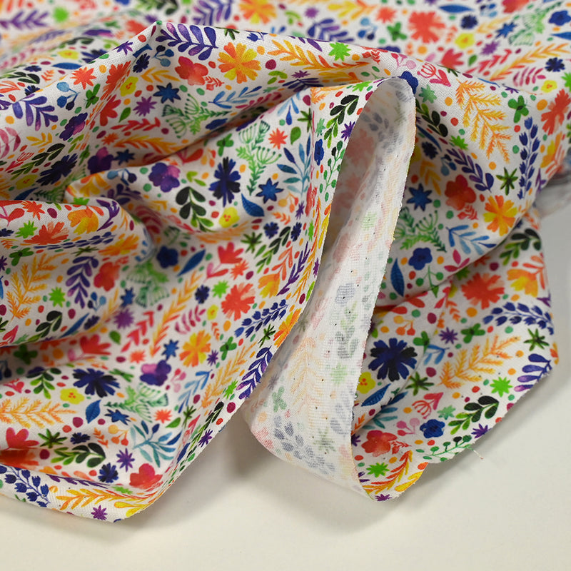 Coton imprimé fougères multicolore fond blanc