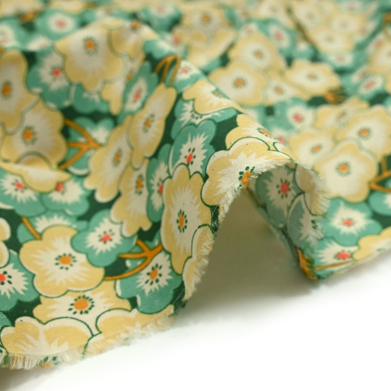 Popeline de coton imprimée Sakura vert et jaune