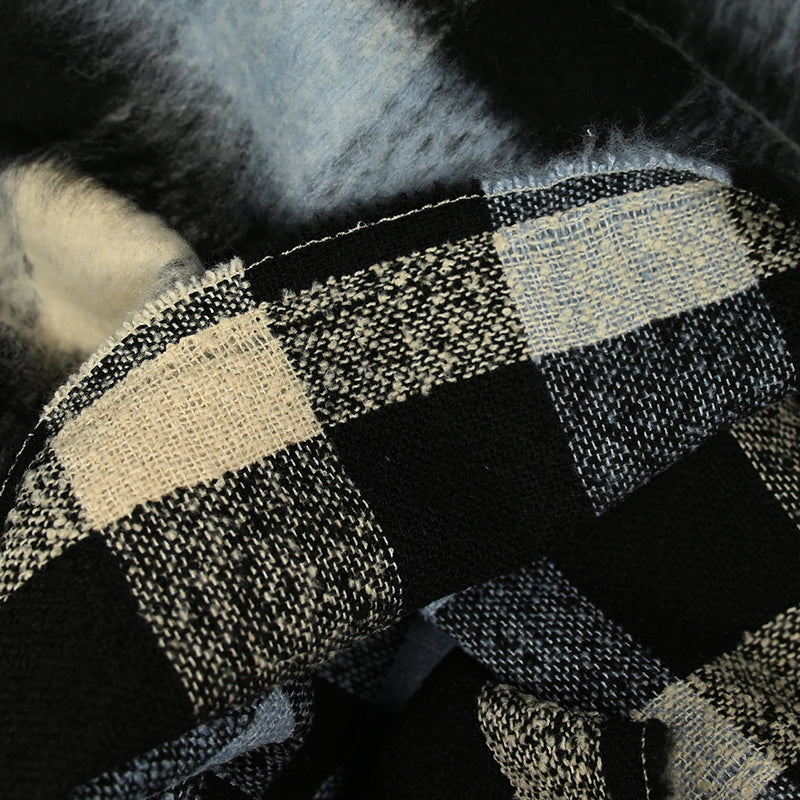 Laine mélangée brossée à poils longs carreaux noir, ciel et beige