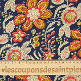 Coton indien imprimé Nandi beige, rouge et jaune fond bleu foncé